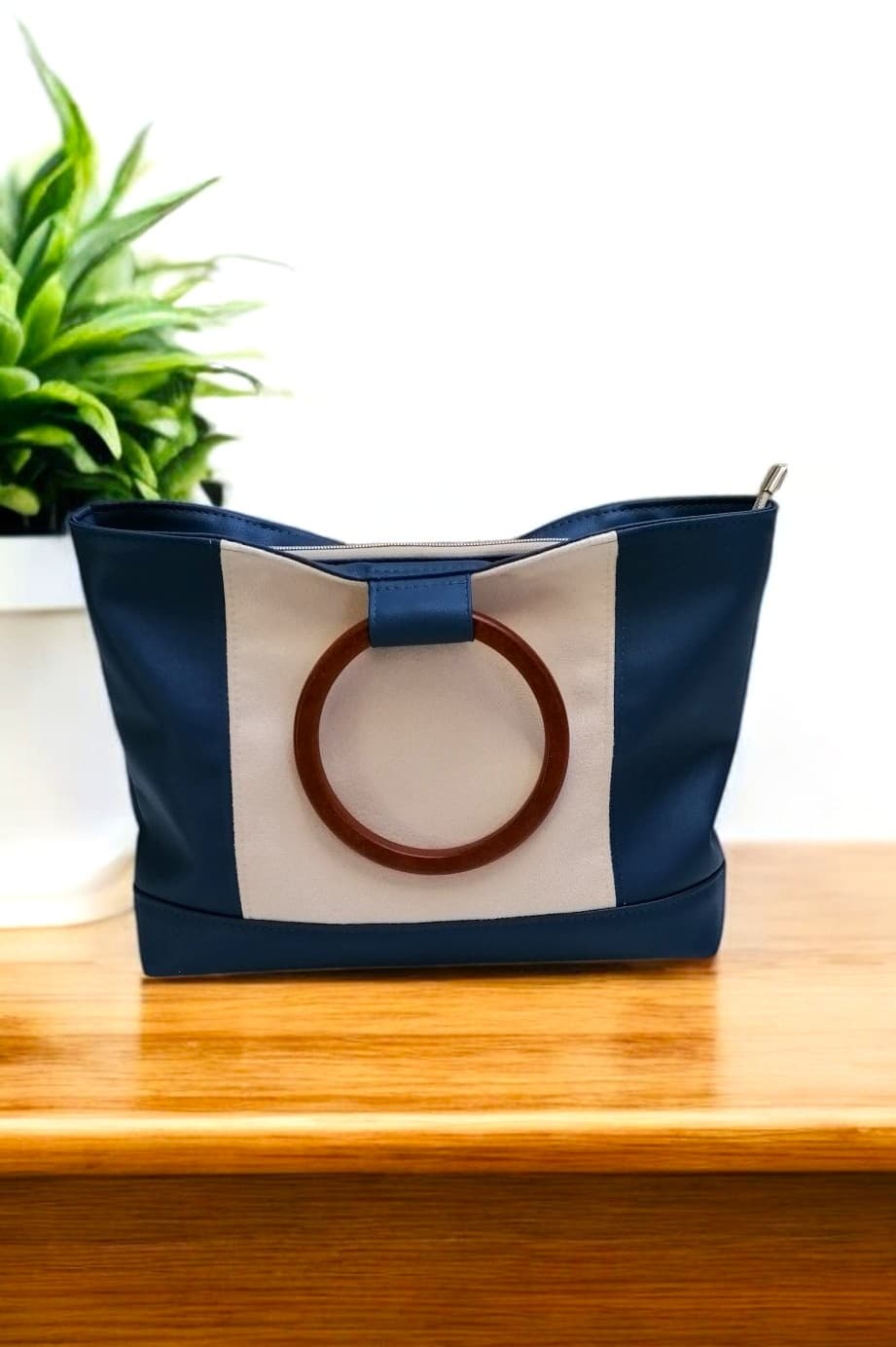 Sac besace simili bleu et suédine beige alt